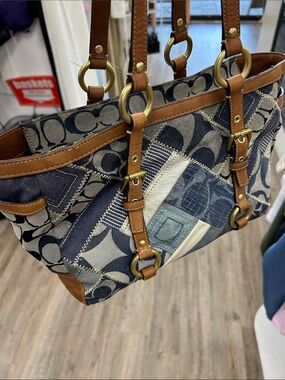 Coach Patchwork Denim & Brown Leather Tote Rare